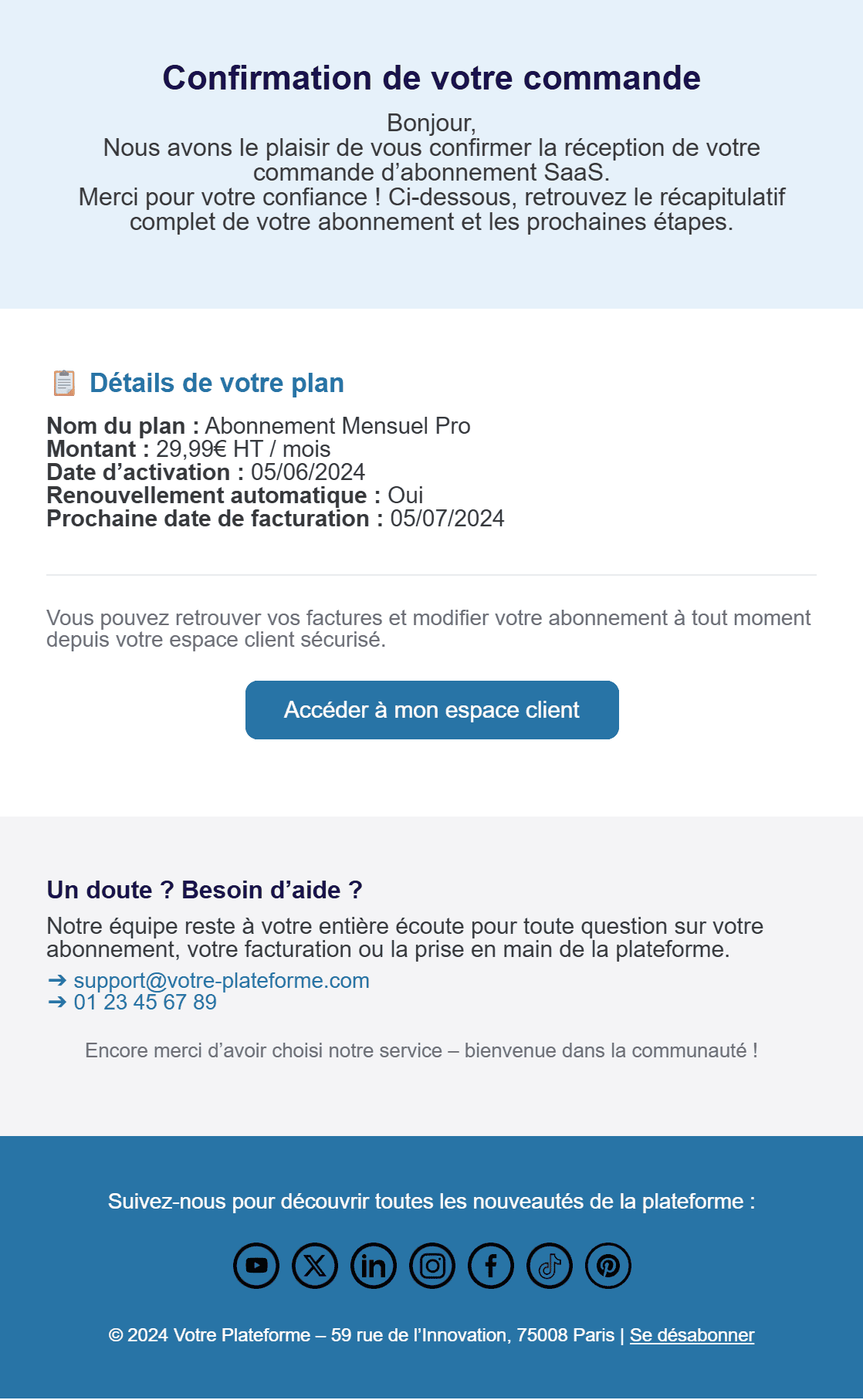 Email de confirmation de commande